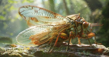 Cicada emerging from its shell, wings unfurling, herald of summer. - obrazy, fototapety, plakaty