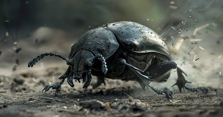 Dung beetle rolling its ball, industrious and strong, a recycler of nutrients. --ar 21:11 Job ID: 8a77ec10-1a3c-4989-a361-44a68528da6d - obrazy, fototapety, plakaty