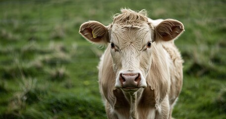 Cow with a glossy coat, standing content, embodiment of farm life. 