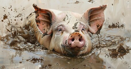 Pig wallowing in mud, happy and carefree, snout detailed.