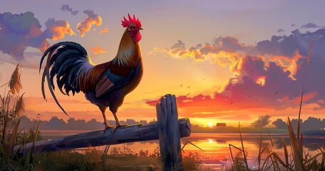 Rooster crowing at dawn, feathers colorful, the farm's natural alarm clock.  - obrazy, fototapety, plakaty