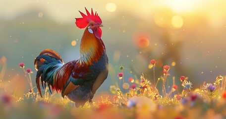 Rooster crowing at dawn, feathers colorful, the farm's natural alarm clock. 