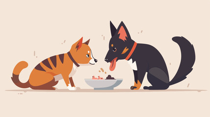 Dog and cat eating illustration flat cartoon vactor