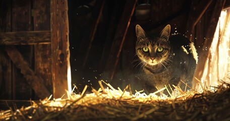 Cat prowling in the barn, green eyes glowing, a rodent's nemesis. - - obrazy, fototapety, plakaty