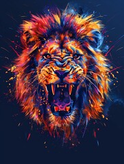 Vibrant roaring lion head, polygon style, high tone colors, front view, fierce and striking