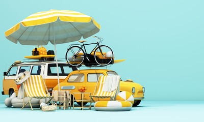 Small retro car with baggage, luggage and beach equipment on the roof, ready for summer vacation, cartoon concept of a road trip, with chair and umbrella on blue background, 3d render illustration - 773661685