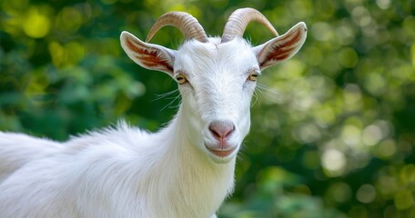 Goat with playful eyes, horns curved, a mischievous farm resident.