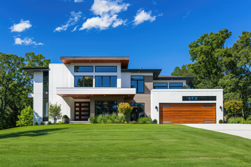 A modern house with white walls, wooden garage and large windows on the side of green grass lawn in Germany - obrazy, fototapety, plakaty