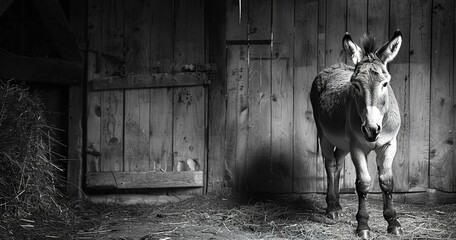 Donkey standing stoic, ears perked, dependable farm helper.  - obrazy, fototapety, plakaty