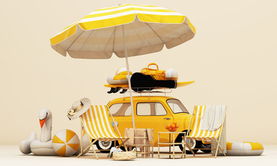 Small retro car with baggage, luggage and beach equipment on the roof, ready for summer vacation, cartoon concept of a road trip, with chair and umbrella on yellow background, 3d render illustration - 773662001