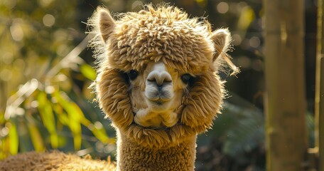 Obraz premium Alpaca with curious eyes, fleece luxurious, a gentle and valuable farm member. 