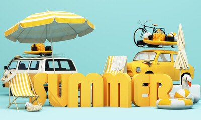 Small retro car with baggage, luggage and beach equipment on the roof, ready for summer vacation, cartoon concept of a road trip, with chair and umbrella on blue background, 3d render illustration - 773662036