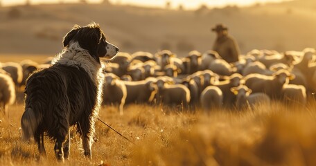 Dog herding sheep, focused and loyal, an indispensable farmhand. - obrazy, fototapety, plakaty