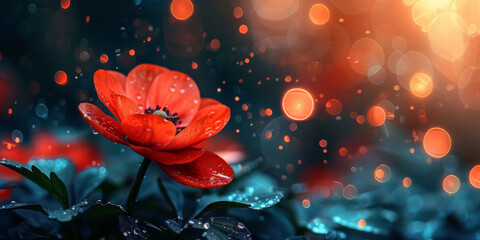 A vibrant red flower, glistening with fresh dew drops, stands out against a bokeh of twilight glimmers