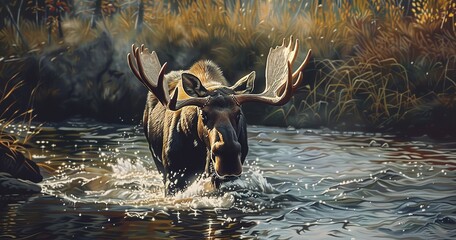 Moose wading through a stream, antlers spread wide, gentle giant.  - obrazy, fototapety, plakaty