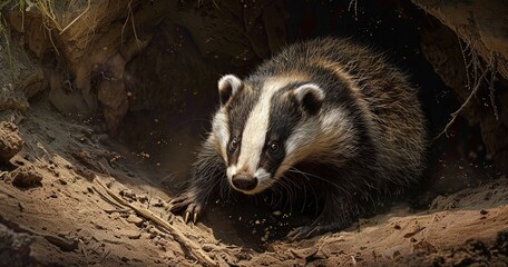 Badger in a digging pose, claws ready, a burrower's life. - obrazy, fototapety, plakaty