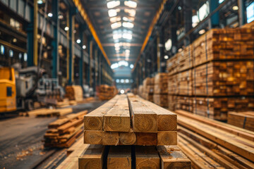 Interior of a timber mill with piles of cut wood planks, highlighting the detailed wood textures in...