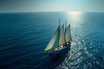The serenity of the open sea captured through the aerial view of a modern sailboat, its billowing sails hinting at the thrill of ocean exploration