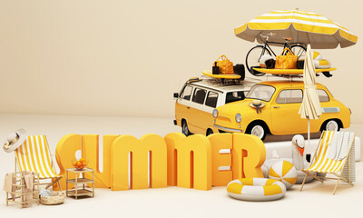 Small retro car with baggage, luggage and beach equipment on the roof, ready for summer vacation, cartoon concept of a road trip, with chair and umbrella on yellow background, 3d render illustration - 773662484