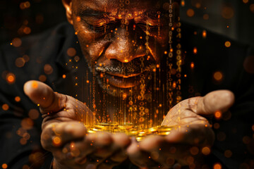 Golden coins cascade from a wealth managers open hands, symbolizing abundance and financial growth with a digital flare - obrazy, fototapety, plakaty