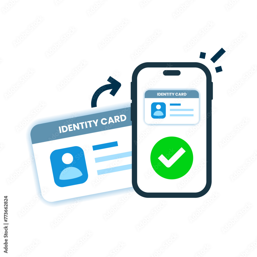 Poster scan id card to digital document format file using smartphone concept illustration flat design vecto