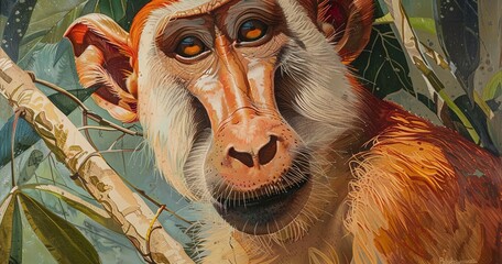Proboscis Monkey, distinctive large nose, thoughtful expression, a Borneo native.  - obrazy, fototapety, plakaty