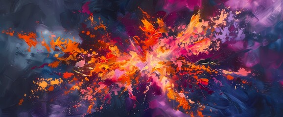 Obraz na płótnie Canvas A burst of fiery orange and magenta hues colliding in a vivid explosion of energy against a deep indigo backdrop.