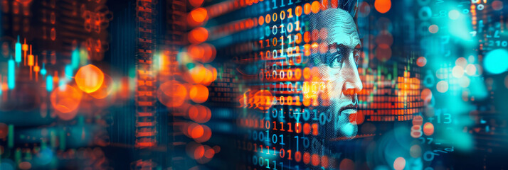 Composite image showing trading market data on a virtual screen above coin currency