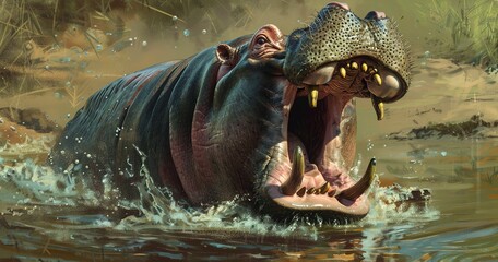 Hippopotamus with mouth wide open, showcasing large teeth, water's powerhouse. 