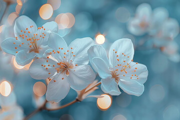 Close-up on white pear tree blossoms with a soft blue bokeh background
