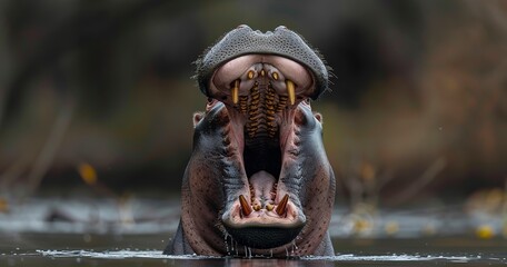 Hippopotamus with mouth wide open, showcasing large teeth, water's powerhouse. 