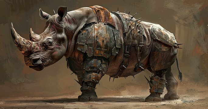 Rhinoceros, horn prominent, armor-like skin, a symbol of strength. 