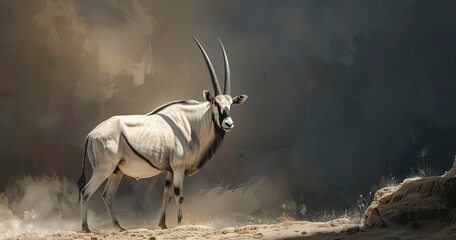 Oryx with elegant horns, standing resilient, adapted to scarcity.  - obrazy, fototapety, plakaty