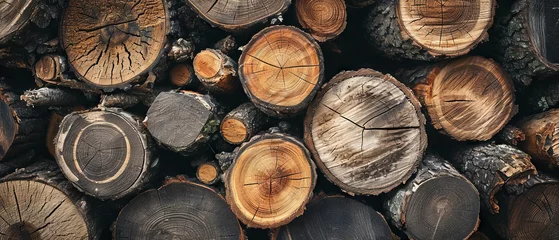 Fotobehang Detailed texture of a stack of freshly chopped logs, showcasing natural wood patterns © Lidok_L
