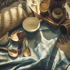 Intimate Tea Ceremony Detail with Artisanal Utensils and Textured Fabrics