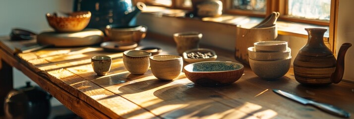 Artisanal pottery in golden hour sunlight, showcasing a collection of handmade bowls on a wooden...