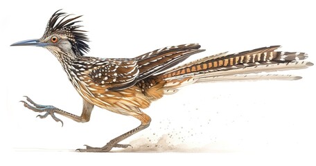 Roadrunner, mid-stride, iconic desert bird, feathers detailed against white. -
