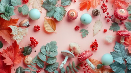 Obraz premium Zoomer's collage displaying an array of autumnal leaves, mushrooms, and berries, a celebration of foraged forest textures on a pastel canvas