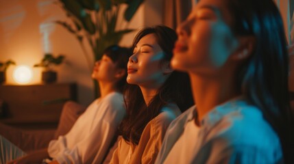 Collective peace during golden hour, 30s Asian friends share a calming aromatherapy session - obrazy, fototapety, plakaty