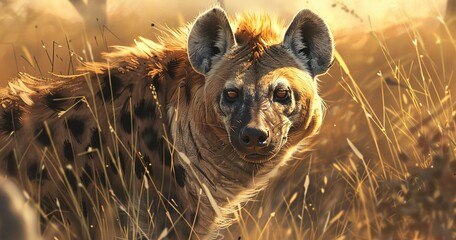 Hyena, eyes cunning, adapted to both hunt and scavenge in arid lands.  - obrazy, fototapety, plakaty