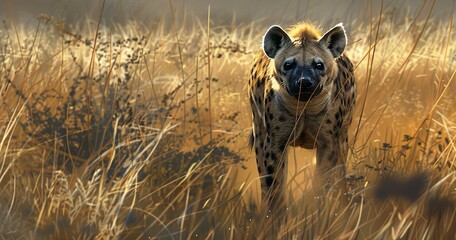 Hyena, eyes cunning, adapted to both hunt and scavenge in arid lands. - obrazy, fototapety, plakaty