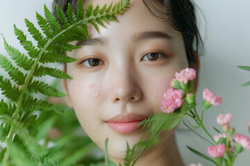 Beautiful korean woman with clean healthy skin face touching green fern leaves and pink flowers on a white background