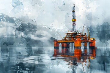 Weathered Offshore Oil Drilling Rig in Calming Zen-Inspired Watercolor Digital Painting with Attention to Detail