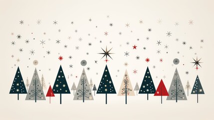 Christmas card with trees, Minimalist Scandinavian-inspired holiday vectors with abstracted symmetrical shapes featuring pine trees and stars 
