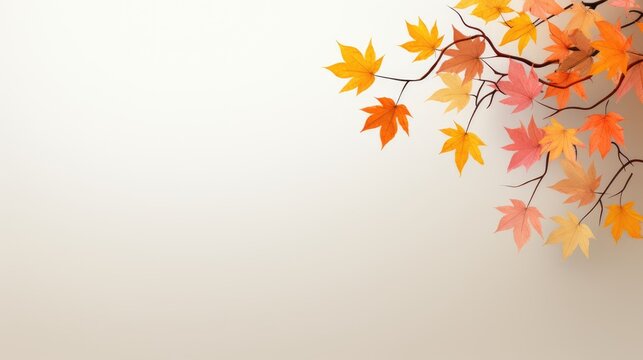 Autumn background with leaves with copy space, A flurry of colorful autumn leaves against a soft beige background