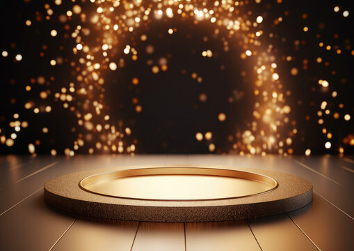 Title: Gold black podium product stage with spotlight and golden glitter background. Gold lights rays scene background. Gold bokeh awards glamour background.

