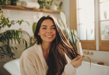 Happy woman in bathrobe sitting on edge of bathtub, using hair brush to clean long straight dark brown hair and smiling at camera - obrazy, fototapety, plakaty