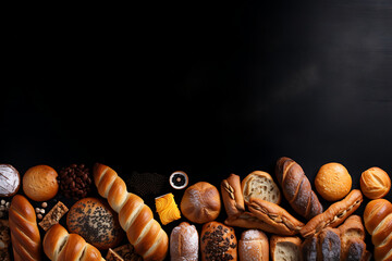 An elegant spread of various breads and baked treats, highlighted by the contrast against a dark, textured surface. Generative AI