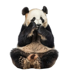 Fototapeta premium Giant Panda sitting and holding his paws to the mouth, looking at camera on white background