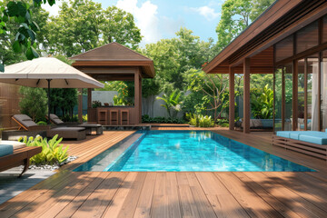 Modern home outdoor area with wooden deck, gazebo and pool